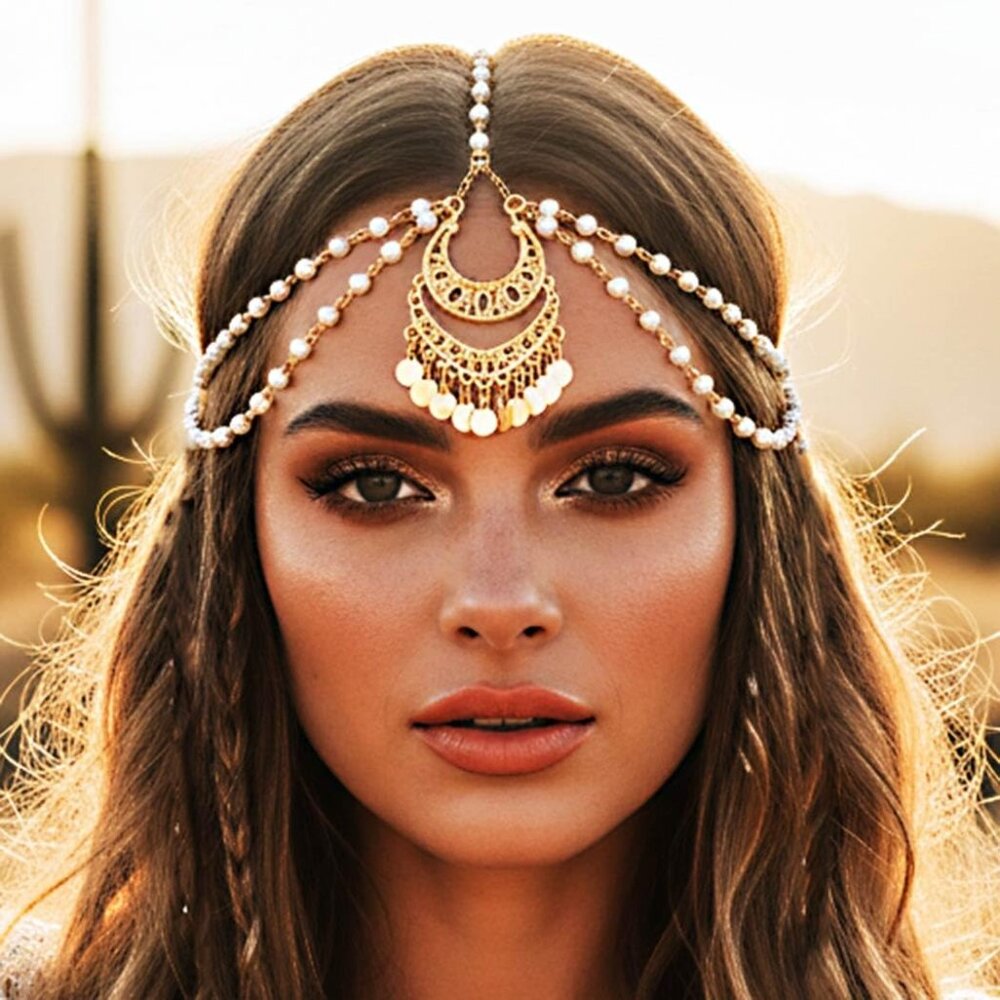 Boho Sequin Head Chain Gold Pearl Egyptian Headpiece Forehead Costume Headband f